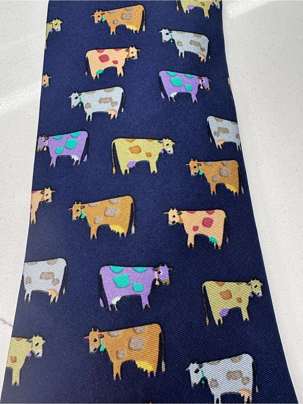 Cow Print Tie Navy Silk with colorful COWS in cartoon motif